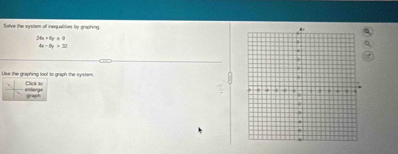 Solve the system of inequalities by graphing.
24x+6y≥ 9
4x-8y>32
Use the graphing tool to graph the system.
Click to
enlarge
graph