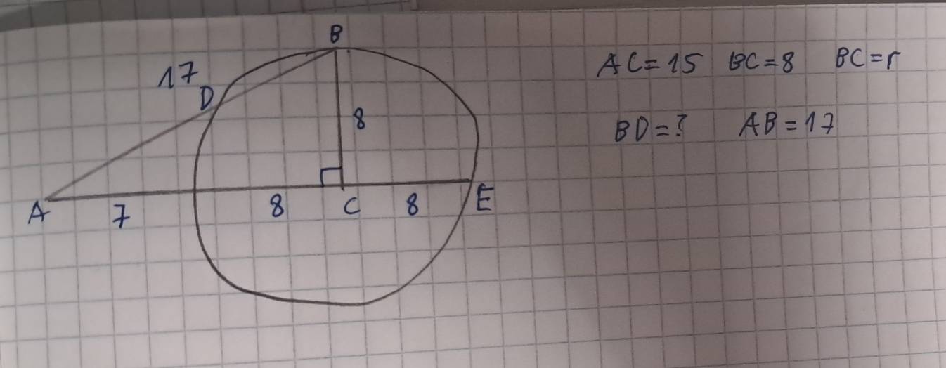 AC=15BC=8 BC=r
BD= ( AB=17