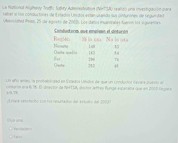 La National Highwøy Trøffic Søfety Administration (NHTSA) realizó una investigación para
saber si los conductores de Estados Unidos están usando sus cinturones de seguridad
(Associated Press, 25 de agosto de 2003). Los datos muestrales fueron los siguientes.
Un año antes, la probabilidad en Estados Unidos de que un conductor llevara puesto el
cinturón era 0,75. El director de NHTSA, doctor Jeffrey Runge esperaba que en 2003 llegara
a 0.78.
¿Estará satisfecho con los resultados del estudio del 2003?
Elija una;
Verdadero
Falso