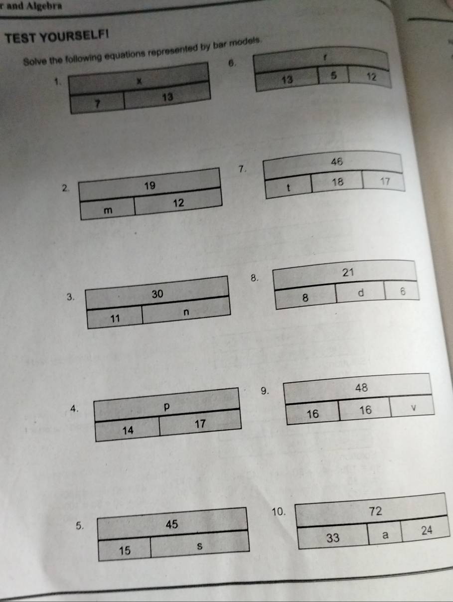 and Algebra 
TEST YOURSELF! 
Solve ting equations represented by bar mels. 
. 
2
8
3
9
4
1
5