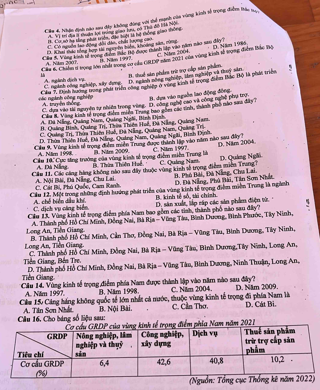 Nhận định nào sau đây không đúng với thế mạnh của vùng kinh tế trọng điểm Bắc Bợn
A. Vị trí địa lí thuận lợi trong giao lưu, có Thủ đô Hà Nội.
B. Cơ sở hạ tầng phát triển, đặc biệt là hệ thống giao thông.
C. Có nguồn lao động dồi dào, chất lượng cao.
D. Khai thác tổng hợp tài nguyên biển, khoáng sản, rừng.
C. Năm 2004. D. Năm 1986.
Câu 5. Vùng kinh tế trọng điểm Bắc Bộ được thành lập vào năm nào sau đây?
Câu 6. Chiếm tỉ trọng lớn nhất trong cơ cấu GRDP năm 2021 của vùng kinh tế trọng điểm Bắc Bộ
A. Năm 2007. B. Năm 1997.
là
B. thuế sản phẩm trừ trợ cấp sản phẩm.
C. ngành công nghiệp, xây dựng. D. ngành nổng nghiệp, lâm nghiệp và thuỷ sản.
A. ngành dịch vụ.
Câu 7. Định hướng trong phát triển công nghiệp ở vùng kinh tế trọng điểm Bắc Bộ là phát triển 5
các ngành công nghiệp
B. dựa vào nguồn lao động đông.
C. dựa vào tài nguyên tự nhiên trong vùng. D. công nghệ cao và công nghệ phụ trợ.
A. truyền thống.
Câu 8. Vùng kinh tế trọng điểm miền Trung bao gồm các tỉnh, thành phố nào sau đây?
A. Đà Nẵng, Quảng Nam, Quảng Ngãi, Bình Định.
B. Quảng Bình, Quảng Trị, Thừa Thiên Huế, Đà Nẵng, Quảng Nam.
C. Quảng Trị, Thừa Thiên Huế, Đà Nẵng, Quảng Nam, Quảng Trị.
D. Thừa Thiên Huế, Đà Nẵng, Quảng Nam, Quảng Ngãi, Bình Định.
Câu 9. Vùng kinh tế trọng điểm miền Trung được thành lập vào năm nào sau đây?
A. Năm 1998. B. Năm 2009. C. Năm 1997. D. Năm 2004.
Câu 10: Cực tăng trưởng của vùng kinh tế trọng điểm miền Trung là
A. Đà Nẵng. B. Thừa Thiên Huế. C. Quảng Nam. D. Quảng Ngãi.
Câu 11. Các cảng hàng không nào sau đây thuộc vùng kinh tế trọng điểm miền Trung?
A. Nội Bài, Đà Nẵng, Chu Lai. B. Phú Bài, Đà Nẵng, Chu Lai.
C. Cát Bi, Phú Quốc, Cam Ranh. D. Đà Nẵng, Phú Bài, Tân Sơn Nhất.
Câu 12. Một trọng những định hướng phát triển của vùng kinh tế trọng điểm miền Trung là ngành
A. chế biến dầu khí. B. kinh tế số, tài chính.
C. dịch vụ cảng biển. D. sản xuất, lắp ráp các sản phẩm điện tử.
Câu 13. Vùng kinh tế trọng điểm phía Nam bao gồm các tinh, thành phố nào sau đây?
A. Thành phố Hồ Chí Minh, Đồng Nai, Bà Rịa - Vũng Tàu, Bình Dương, Bình Phước, Tây Ninh,
Long An, Tiền Giang.
B. Thành phố Hồ Chí Minh, Cần Thơ, Đồng Nai, Bà Rịa - Vũng Tàu, Bình Dương, Tây Ninh,
Long An, Tiền Giang.
C. Thành phố Hồ Chí Minh, Đồng Nai, Bà Rịa - Vũng Tàu, Bình Dương,Tây Ninh, Long An,
Tiền Giang, Bến Tre.
D. Thành phố Hồ Chí Minh, Đồng Nai, Bà Rịa - Vũng Tàu, Bình Dương, Ninh Thuận, Long An,
Tiền Giang.
* Câu 14. Vùng kinh tế trọng điểm phía Nam được thành lập vào năm nào sau đây?
A. Năm 1997. B. Năm 1998. C. Năm 2004. D. Năm 2009.
Câu 15: Cảng hàng không quốc tế lớn nhất cả nước, thuộc vùng kinh tế trọng đi phía Nam là
A. Tân Sơn Nhất. B. Nội Bài. C. Cần Thơ. D. Cát Bi.
Câu 16. Cho bảng số liệu sau:
tế trọng điểm phía Nam năm 2021