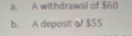 a. A withdrawal of $60
b. A deposit of $55