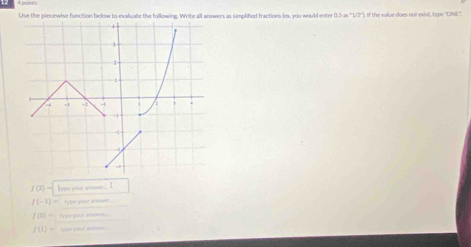 12 4 points 
Use the piecewise function below to evaluate the following. Write all answers as simplified fractions (ex. you would enter 0.5as°1/2° ). If the value does not exist, type ''DNE''.
f(2)= type your answer... I
f(-1)= type your answer...
f(0)= type your answer.
f(1)= type your assa...
