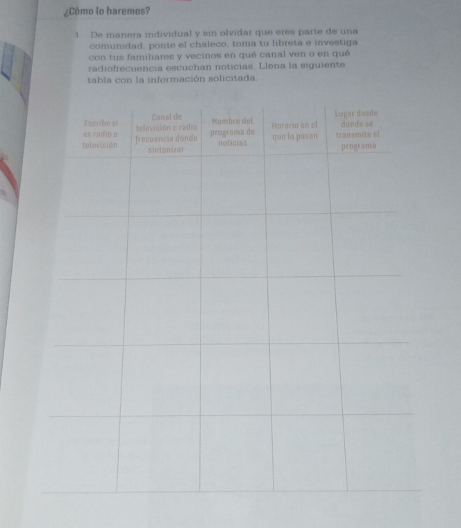 ¿Cómo lo haremos? 
1 De manera individual y sin olvidar que eres parte de una 
comunidad, ponte el chaleco, toma tu libreta e investiga 
con tus familiares y vecinos en qué canal ven o en qué 
radiofrecuencia escuchan noticias. Llena la siguiente 
tabla con la información solicitada.