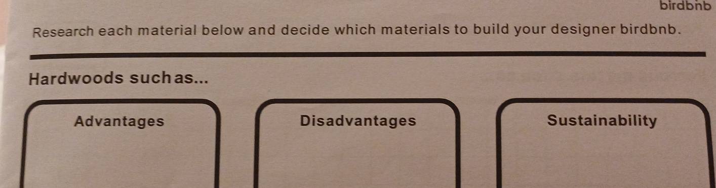 birdbnb
Research each material below and decide which materials to build your designer birdbnb.
Hardwoods suchas...
Advantages Disadvantages Sustainability