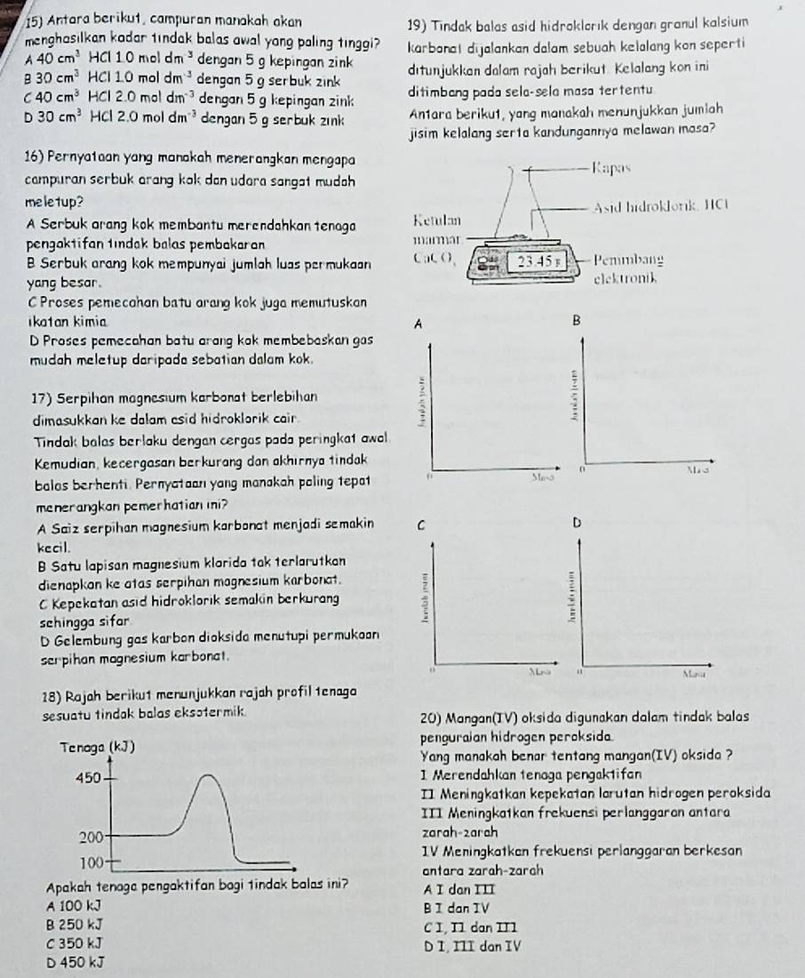 Antara berikut, campuran manakah akan
19) Tindak balas asid hidroklorık dengan granul kalsium
menghasilkan kadar 1indak balas awal yong paling tinggi?
A 40cm^3 HCl 10 mol dm^3 dengan 5 g kepingan zink karbanat dijalankan dalam sebuah kelalang kon seperti
B 30cm^3 HCI 10 mol dm^(-3) dengan 5 g serbuk zink ditunjukkan dalam rajah berikut. Kelalang kon ini
C 40cm^3 HCl 2.0 mo dm^(-3) dengan 5 g kepingan zink ditimbang pada sela-sela masa tertentu
D 30cm^3 HCl 2.0moldm^(-3) dengan 5 g serbuk zınk An1ara beriku1, yang manakah menunjukkan jumiah
jisim kelalang serta kandungannya melawan masa?
16) Pernyataan yang manakah menerangkan mengapa
campuran serbuk arang kok dan udara sangat mudah 
meletup?
A Serbuk arang kok membantu merendahkan tenaga
pengaktifan tindak balas pembakaran
B Serbuk arang kok mempunyai jumlah luas permukaan
yang besar.
C Proses pemecahan batu arang kok juga memutuskan
ikatan kimia A B
D Proses pemecahan batu arang kok membebaskan gas
mudah meletup daripada sebatian dalam kok.
17) Serpihan magnesium karbonat berlebihan ;
dimasukkan ke dalam esid hidroklorik cair .
ξ
Tindak balas berlaku dengan cergas pada peringka1 awal
Kemudian, kecergasan berkurang dan akhirnya tindak
o
Mea
balas berhenti. Pernyataan yang manakah poling tepat 0 Mad
menerangkan pemerhatian mi?
A Saiz serpihan magnesium korbonat menjodi semakin D
kecil.
B Satu lapisan magnesium klorido tak terlarutkan
dienapkon ke atas serpihan magnesium karbonat.
C Kepekatan asid hidroklorik semakin berkurang
sehingga sifar 
;
D Gelembung gas karbon dioksida menutupi permukoon
serpihan magnesium karbonat.
Maia
18) Rajah berikut menunjukkan rajah profil tenaga
sesuatu tindak balas eksotermik 20) Mangan(IV) oksida digunakan dalam tindak balas
Tenaga (kJ) penguraian hidrogen peroksida
Yang manakah benar tentang mangan(IV) oksida ?
450 1 Merendahkan tenaga pengaktifan
II Meningkatkan kepekatan larutan hidrogen peroksida
III Meningkatkan frekuensi perlanggaron antara
200 zarah-zarah
IV Meningkatkan frekuensi perlanggaran berkesan
100
antara zarah-zarah
Apakah tenaga pengaktifan bagi tindak balas ini? A I dan III
A 100 kJ B I dan IV
B 250 kJ
C I, I1 dan II1
C 350 kJ D I, III dan IV
D 450 kJ