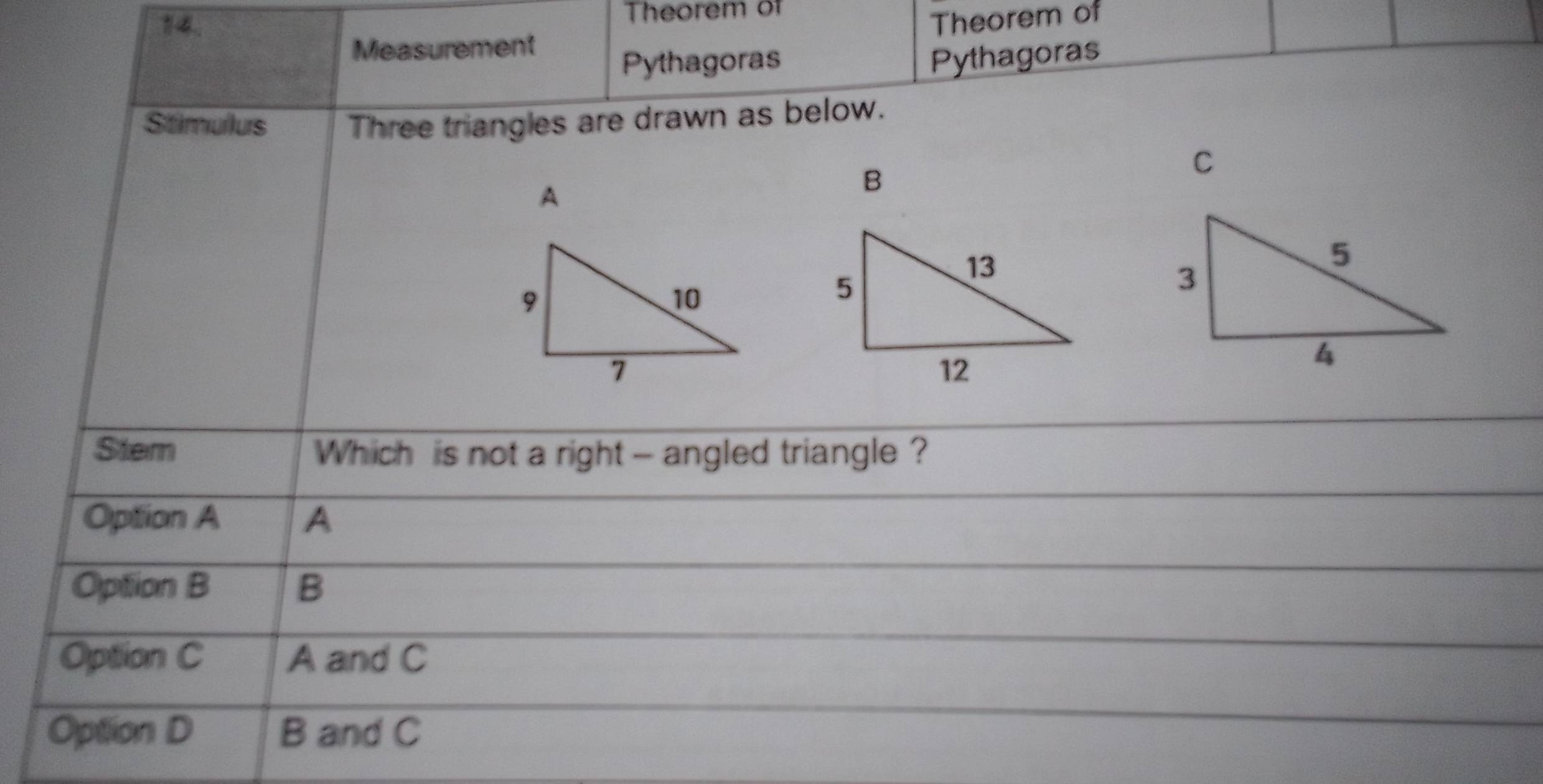 Theorem of
Measurement Theorem of
Pythagoras Pythagoras
Stimullus Three triangles are drawn as below.
C
A
B
Stem Which is not a right - angled triangle ?
Option A A
Option B B
Option C A and C
Option D B and C