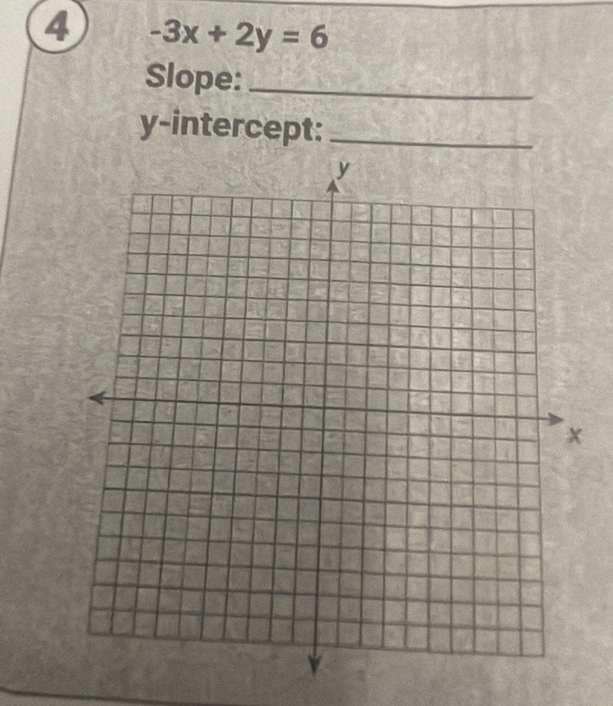 4 -3x+2y=6
Slope:_ 
y-intercept:_