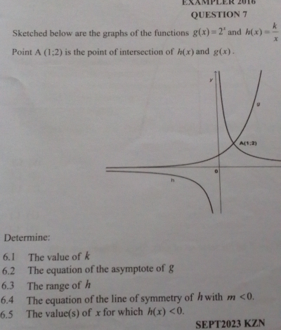 EXAMPLER 20  
QUESTION 7
Sketched below are the graphs of the functions g(x)=2^x and h(x)= k/x 
Point A(1;2) is the point of intersection of h(x) and g(x).
Determine:
6.1 The value of k
6.2 The equation of the asymptote of g
6.3 The range of h
6.4 The equation of the line of symmetry of hwith m<0.
6.5 The value(s) of x for which h(x)<0.
SEPT2023 KZN