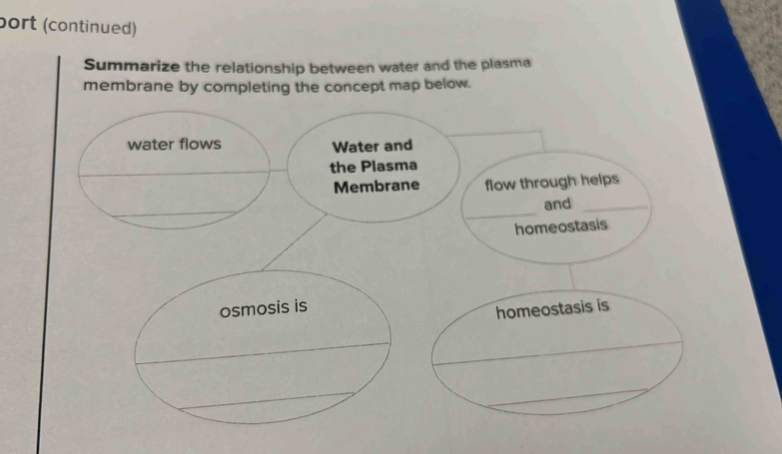 port (continued) 
Summarize the relationship between water and the plasma 
membrane by completing the concept map below. 
water flows Water and 
the Plasma 
Membrane flow through helps 
_ 
_ 
and_ 
homeostasis 
osmosis is 
homeostasis is 
_ 
_ 
_ 
_ 
_