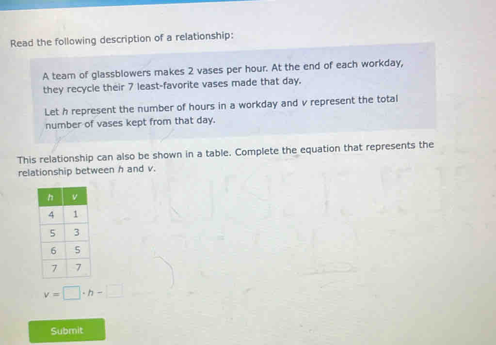 Read the following description of a relationship: 
A team of glassblowers makes 2 vases per hour. At the end of each workday, 
they recycle their 7 least-favorite vases made that day. 
Let h represent the number of hours in a workday and v represent the total 
number of vases kept from that day. 
This relationship can also be shown in a table. Complete the equation that represents the 
relationship between h and v.
v=□ · h-□
Submit