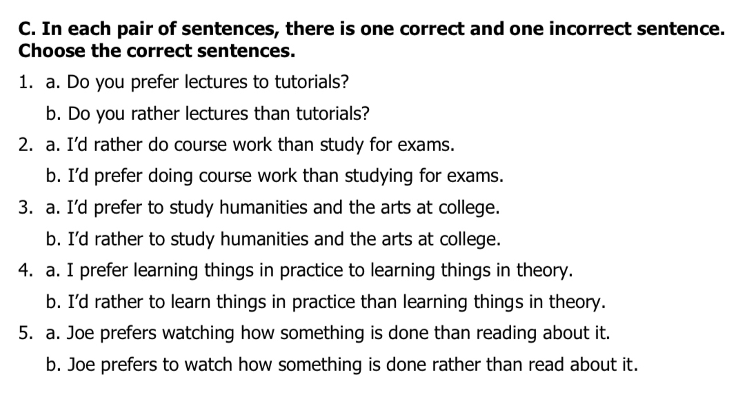 In each pair of sentences, there is one correct and one incorrect sentence.
Choose the correct sentences.
1. a. Do you prefer lectures to tutorials?
b. Do you rather lectures than tutorials?
2. a. I'd rather do course work than study for exams.
b. I'd prefer doing course work than studying for exams.
3. a. I'd prefer to study humanities and the arts at college.
b. I'd rather to study humanities and the arts at college.
4. a. I prefer learning things in practice to learning things in theory.
b. I'd rather to learn things in practice than learning things in theory.
5. a. Joe prefers watching how something is done than reading about it.
b. Joe prefers to watch how something is done rather than read about it.