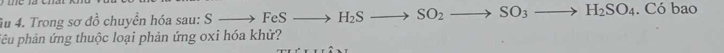 âu 4. Trong sơ đồ chuyền hóa sau: Sto FeSto H_2Sto SO_2to SO_3to H_2SO_4. Có bao 
pêu phản ứng thuộc loại phản ứng oxi hóa khử?