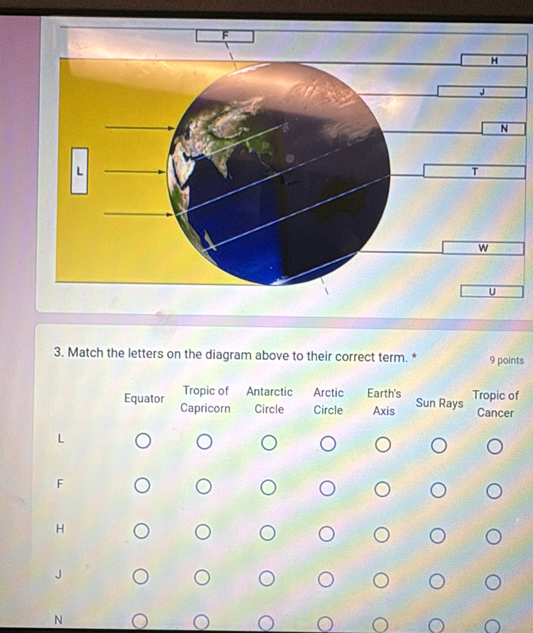 Match the letters on the diagram above to their correct term. * 9 points
Tropic of Antarctic Arctic Earth's
Equator Capricorn Circle Circle Axis Sun Rays Tropic of
Cancer
F
H
N