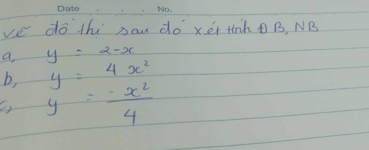 ve do thi pan do xet tinh B, NB
a,
y=2-x
b, y=4x^2
y= (-x^2)/4 