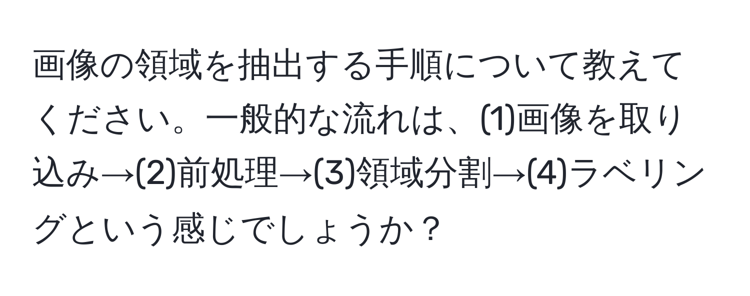 画像の領域を抽出する手順について教えてください。一般的な流れは、(1)画像を取り込み→(2)前処理→(3)領域分割→(4)ラベリングという感じでしょうか？