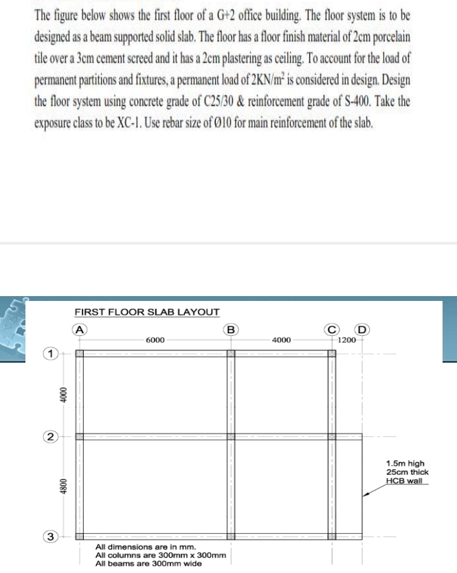 The figure below shows the first floor of a G+2 office building. The floor system is to be 
designed as a beam supported solid slab. The floor has a floor finish material of 2cm porcelain 
tile over a 3cm cement screed and it has a 2cm plastering as ceiling. To account for the load of 
permanent partitions and fixtures, a permanent load of 2KN/m^2 is considered in design. Design 
the floor system using concrete grade of C25/30 & reinforcement grade of S- 400. Take the 
exposure class to be XC-1. Use rebar size of Ø10 for main reinforcement of the slab. 
FIRST FLOOR SLAB LAYOUT 
All beams are 300mm wide