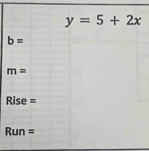 y=5+2x
b=
m=
Rise =
Run =