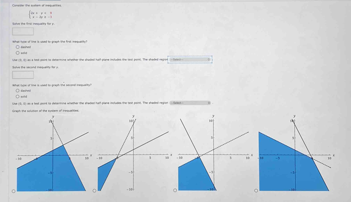 Consider the system of inequalities.
beginarrayl 2x+y<9 x-2y≥ -3endarray.
Solve the first inequality for y.
□ 
What type of line is used to graph the first inequality?
dashed
solid
Use (0,0) as a test point to determine whether the skaded half-plane includes the test point. The shaded region ==Select==
Solve the second inequality for y.
□ 
What type of line is used to graph the second inequality?
dashed
solid
Use (0,0) as a test point to determine whether the shaded half-plane includes the test point. The shaded region -Selec!- ∞ .
Graph the solution of the system of inequalities