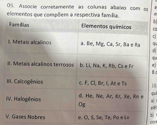 Associe corretamente as colunas abaixo com os a 
elementos que compõem a respectiva fam 
m 
b) 
co 
c) 
qu 
d) 
qu 
e) 
B c 
10. 
quí 
a) 
elét 
 
cor