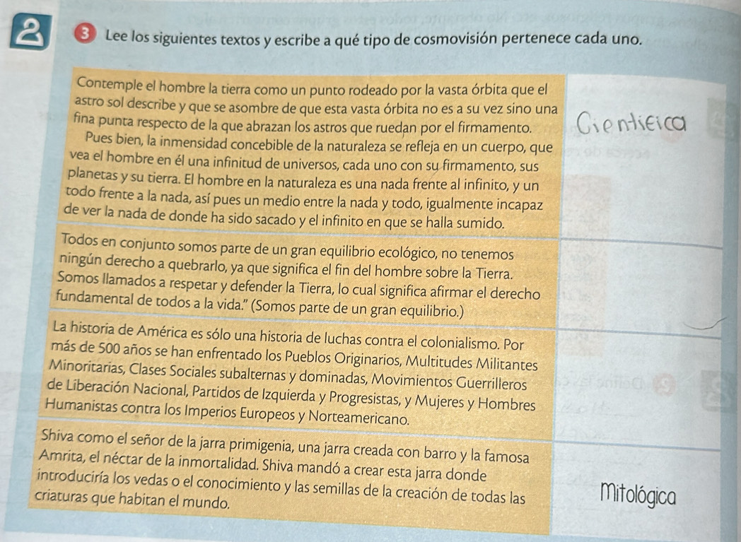 a S Lee los siguientes textos y escribe a qué tipo de cosmovisión pertenece cada uno.