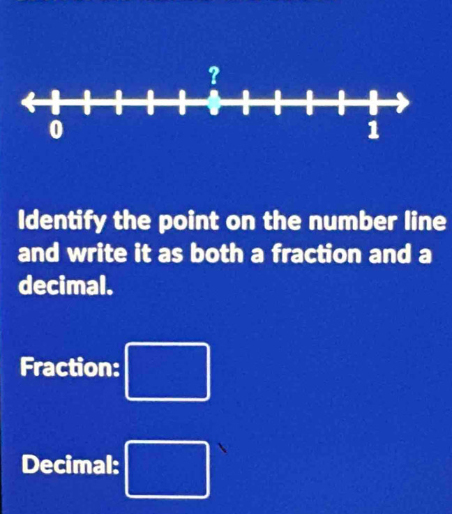 Identify the point on the number line
and write it as both a fraction and a
decimal.
Fraction: □
Decimal: □