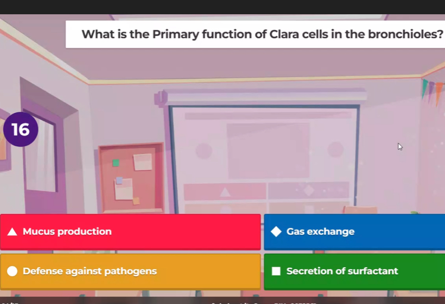 What is the Primary function of Clara cells in the bronchioles?
16
Mucus production Gas exchange
Defense against pathogens Secretion of surfactant