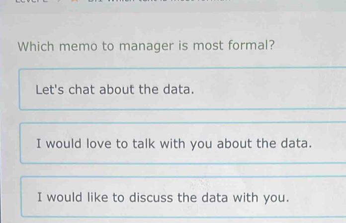 Which memo to manager is most formal?
Let's chat about the data.
I would love to talk with you about the data.
I would like to discuss the data with you.