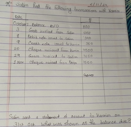 c/1/z4 
X Salim Rad the following transactions with Kanin 
Date 
Ocrobor2. Balance e/D 800
3. Goods invoiced foom Salim 4700
8 Debit nate issued to salim 390
9 Credit note issued to Kanin 350
20 Cheque necieved froom Kanim us00
29 Goods invoiced to salim 1850
1 Nov Cheque necieved from Narin 1500
4oter 
Salim sent a statement of accout to Karim on 
31st Oct. What was shown as the balance due?