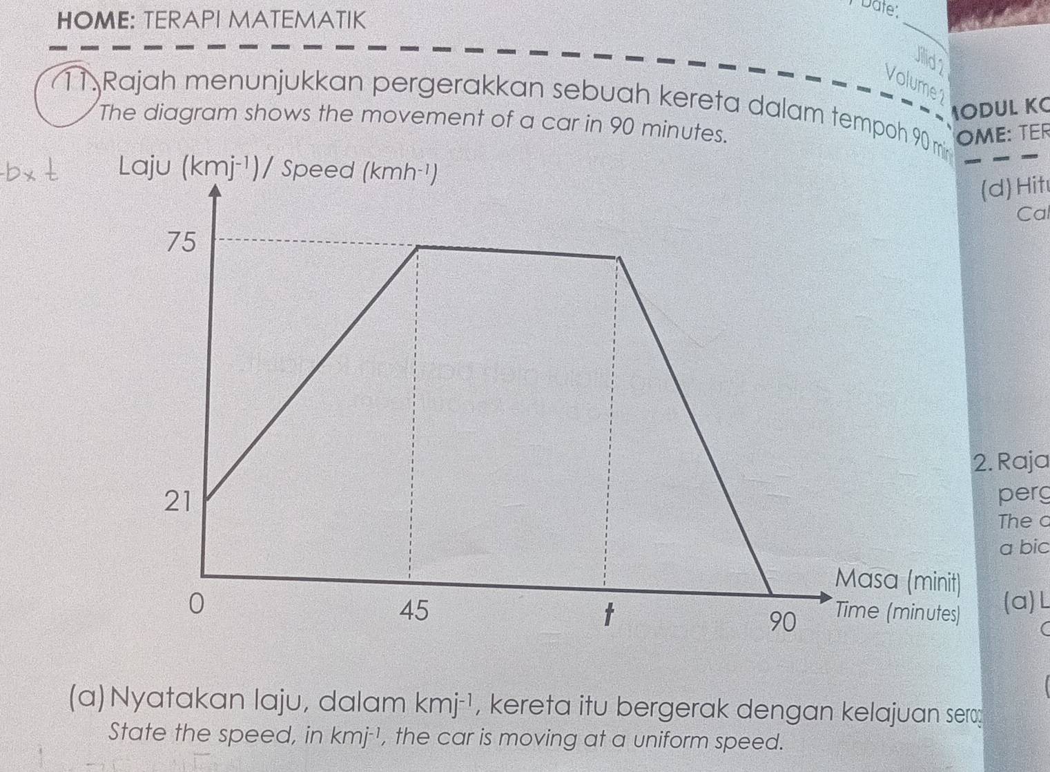 Date:
HOME: TERAPI MATEMATIK
_
Jilid 2
Volume 2
11. Rajah menunjukkan pergerakkan sebuah kereta dalam tempoh 90 mir ODUL KC
The diagram shows the movement of a car in 90 minutes.
OME: TER
Laju (kmj^(-1))/ Spe
) Hit
Cal
Raja
perg
The c
a bic
(a)L
(a)Nyatakan laju, dalam kmj^(-1) , kereta itu bergerak dengan kelajuan sero
State the speed, in kmj^(-1) , the car is moving at a uniform speed.