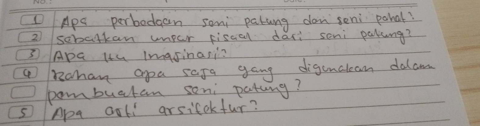 ApE perbodgen seni patung don seni pohak? 
2 scbatkan umpar fiscal dari seni patcng? 
③ Apa Hu Imasinasi? 
④ Rahan agoa safa gang digauatcan dalam 
pombuatan seni pating? 
S Apa Goll arsifekfur?