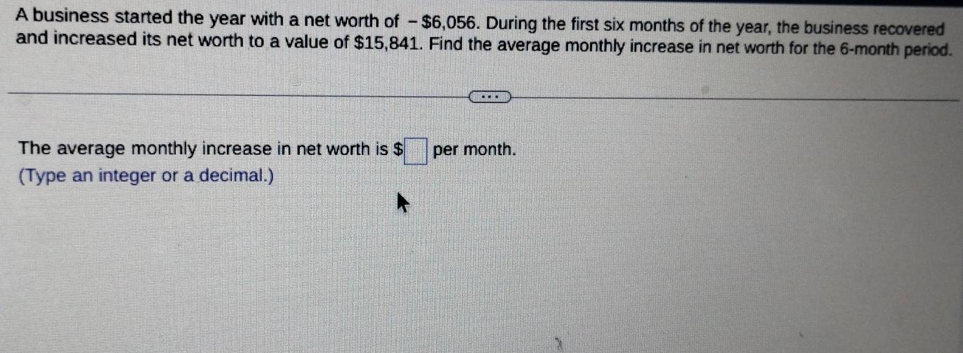 A business started the year with a net worth of -$6,056. During the first six months of the year, the business recovered 
and increased its net worth to a value of $15,841. Find the average monthly increase in net worth for the 6-month period. 
The average monthly increase in net worth is $□ per month. 
(Type an integer or a decimal.)