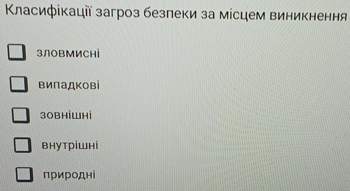 Κласифікації загроз безпеки за місцем виникнення
зЛоBМИСні
випадкові
30BHiWHi
внутрiшнi
природні