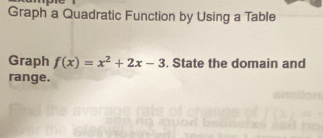 Graph a Quadratic Function by Using a Table 
Graph f(x)=x^2+2x-3. State the domain and 
range.