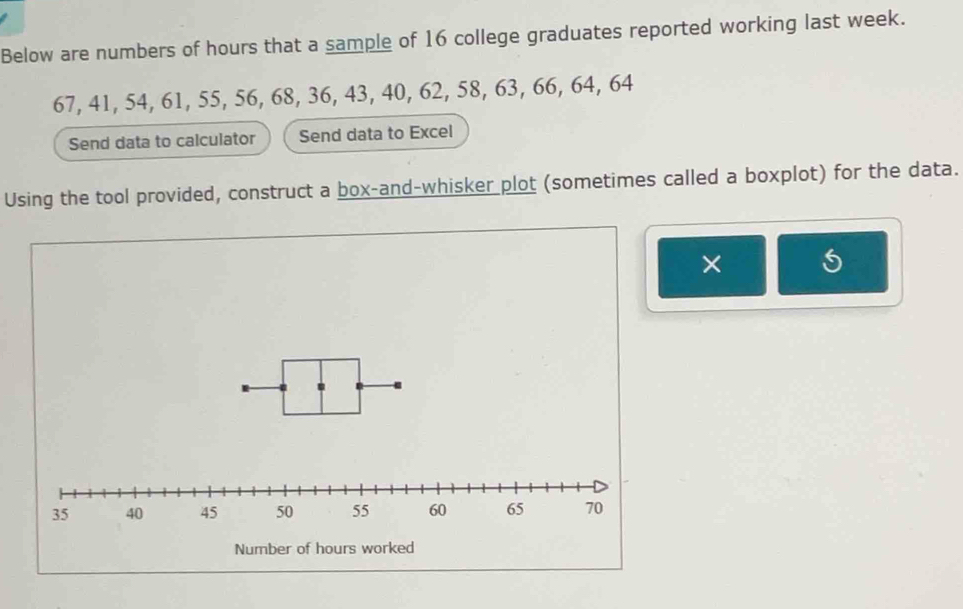 Below are numbers of hours that a sample of 16 college graduates reported working last week.
67, 41, 54, 61, 55, 56, 68, 36, 43, 40, 62, 58, 63, 66, 64, 64
Send data to calculator Send data to Excel 
Using the tool provided, construct a box-and-whisker plot (sometimes called a boxplot) for the data. 
×