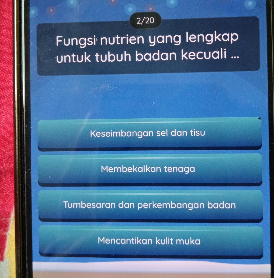 2/20
Fungsi nutrien yang lengkap
untuk tubuh badan kecuali ...
Keseimbangan sel dan tisu
Membekalkan tenaga
Tumbesaran dan perkembangan badan
Mencantikan kulit muka