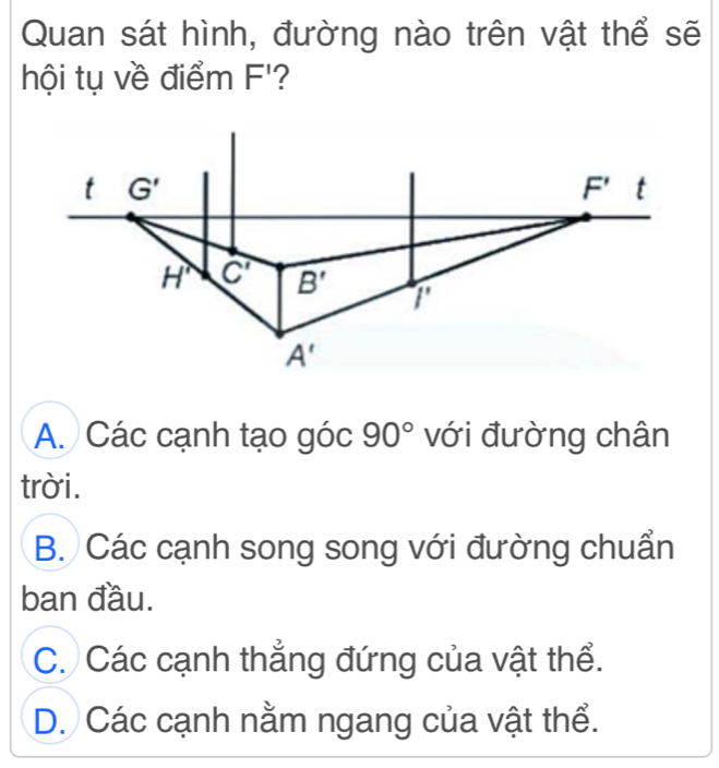 Quan sát hình, đường nào trên vật thể sẽ
hội tụ về điểm F'?
t G'
F' t
H° C' B' 1'
A'
A. Các cạnh tạo góc 90° với đường chân
trời.
B. Các cạnh song song với đường chuẩn
ban đầu.
C. Các cạnh thẳng đứng của vật thể.
D. Các cạnh nằm ngang của vật thể.