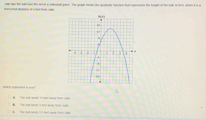 Julie tips the ball over the net in a volleyball game. The graph shows the quadratic function that represents the height of the ball, in feet, when it is a
horizontal distance of x feet from Julie.
Which statement is true?
A. The ball lands 14 feet away from Julie
B. The ball lands 3 feet away from Julie.
C. The ball lands 3.5 feet away from Julie.