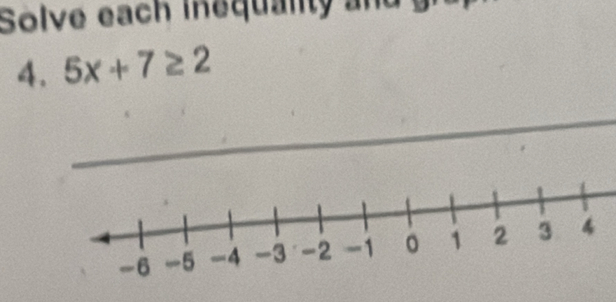 Solve each inequality an 
4. 5x+7≥ 2
_