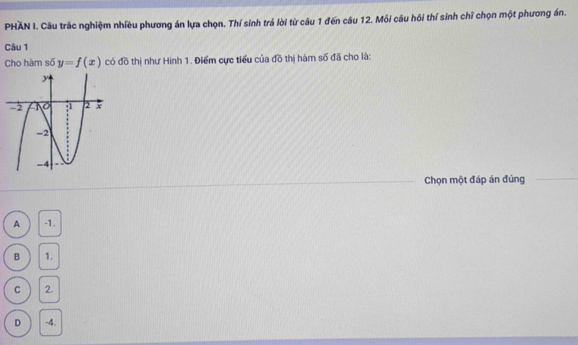 PHAN I. Câu trắc nghiệm nhiều phương án lựa chọn. Thí sinh trả lời từ câu 1 đến câu 12. Mỗi câu hôi thí sinh chĩ chọn một phương án.
Câu 1
Cho hàm số y=f(x) có đồ thị như Hinh 1. Điểm cực tiểu của đồ thị hàm số đã cho là:
Chọn một đáp án đúng
A -1.
B 1.
C 2.
D -4.