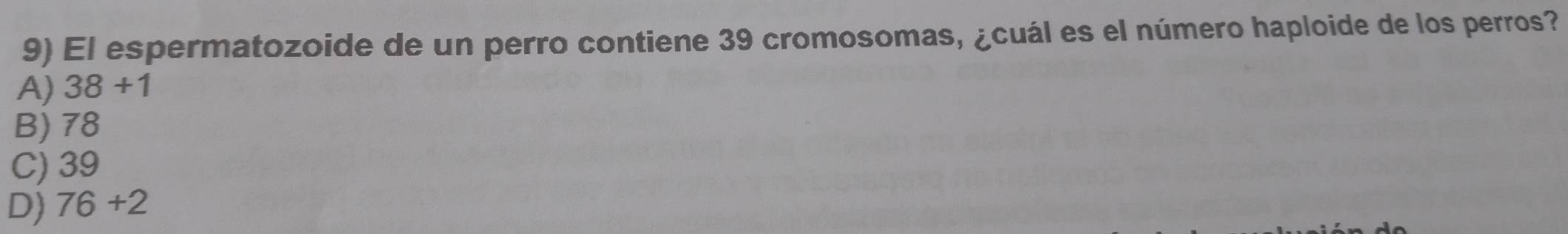 El espermatozoide de un perro contiene 39 cromosomas, ¿cuál es el número haploide de los perros?
A) 38+1
B) 78
C) 39
D) 76+2