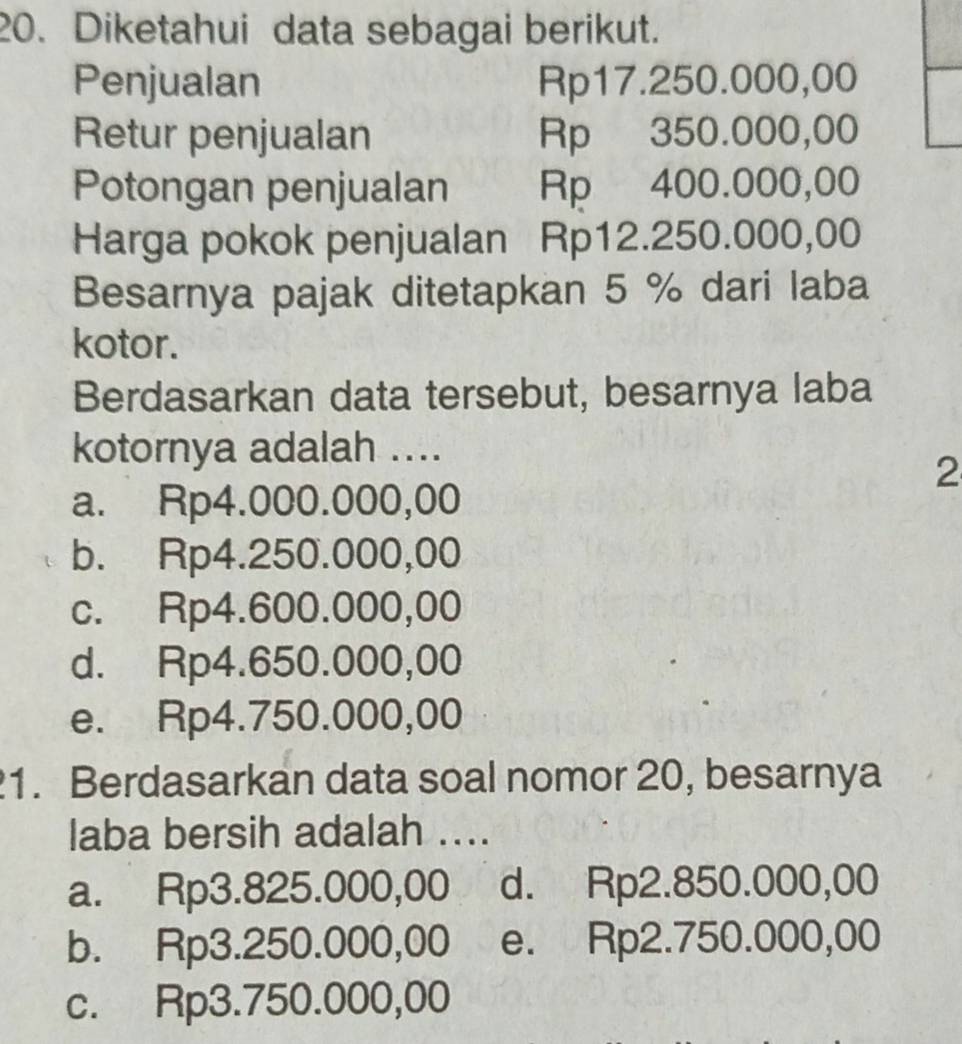 Diketahui data sebagai berikut.
Penjualan Rp17.250.000,00
Retur penjualan Rp 350.000,00
Potongan penjualan Rp 400.000,00
Harga pokok penjualan Rp12.250.000,00
Besarnya pajak ditetapkan 5 % dari laba
kotor.
Berdasarkan data tersebut, besarnya laba
kotornya adalah ....
2
a. Rp4.000.000,00
b. Rp4.250.000,00
c. Rp4.600.000,00
d. Rp4.650.000,00
e. Rp4.750.000,00
1. Berdasarkan data soal nomor 20, besarnya
laba bersih adalah ....
a. Rp3.825.000,00 d. Rp2.850.000,00
b. Rp3.250.000,00 e. Rp2.750.000,00
c. Rp3.750.000,00