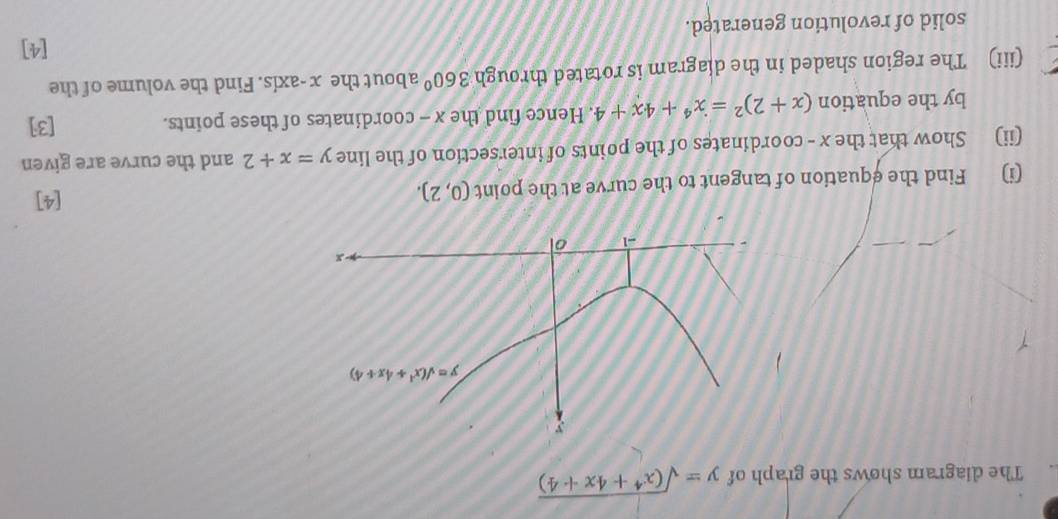 The diagram shows the graph of y=sqrt((x^4+4x+4))
(i) Find the equation of tangent to the curve at the point (0,2).
[4]
(ii) Show that the x - coordinates of the points of intersection of the line y=x+2 and the curve are given
by the equation (x+2)^2=x^4+4x+4. Hence find the x - coordinates of these points. [3]
(iii) The region shaded in the diagram is rotated through 360° about the x-axis. Find the volume of the
[4]
solid of revolution generated.