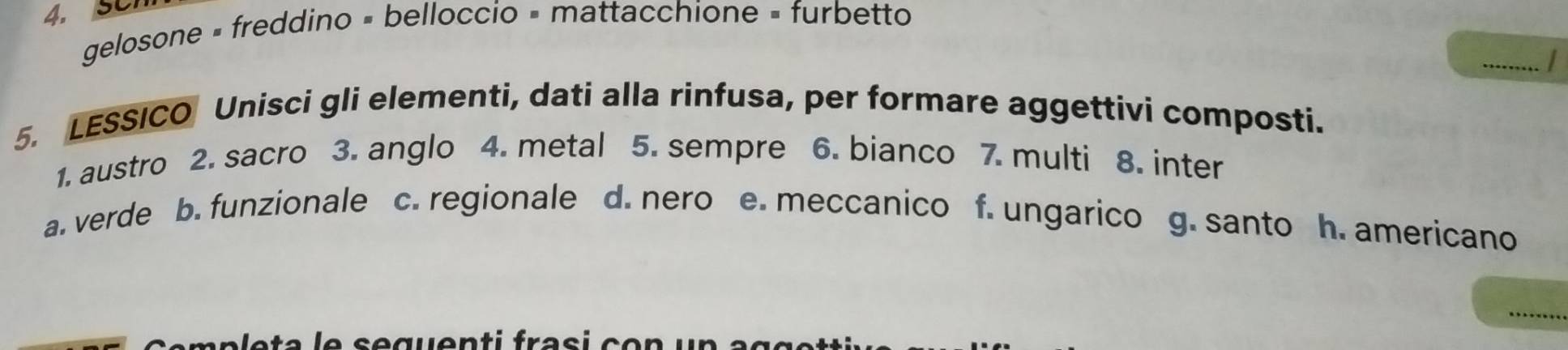 SCn
gelosone = freddino = belloccio = mattacchione = furbetto
_
5. LESSICO Unisci gli elementi, dati alla rinfusa, per formare aggettivi composti.
1. austro 2. sacro 3. anglo 4. metal 5. sempre 6. bianco 7. multi 8. inter
a. verde b. funzionale c. regionale d. nero e. meccanico f. ungarico g. santo h. americano
_