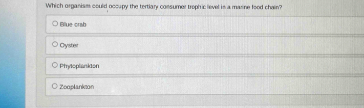 Which organism could occupy the tertiary consumer trophic level in a marine food chain?
Blue crab
Oyster
Phytoplankton
Zooplankton