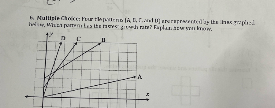 Four tile patterns (A, B, C, and D) are represented by the lines graphed 
below. Which pattern has the fastest growth rate? Explain how you know.