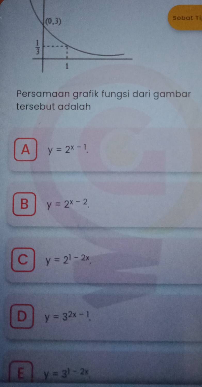 Sobat Ti
Persamaan grafik fungsi dari gambar
tersebut adalah
A y=2^(x-1).
B y=2^(x-2).
C y=2^(1-2x)
D y=3^(2x-1).
E y=3^(1-2x)