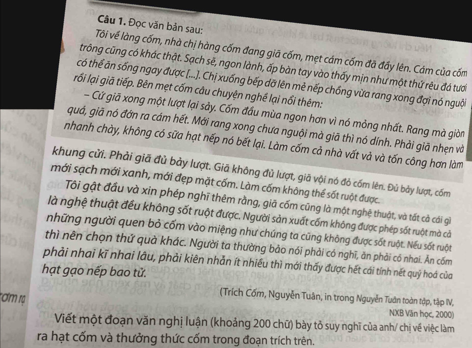 Đọc văn bản sau:
Tôi về làng cốm, nhà chị hàng cốm đang giã cốm, mẹt cám cốm đã đầy lên. Cám của cốm
trông cũng có khác thật. Sạch sẽ, ngon lành, ấp bàn tay vào thấy mịn như một thứ rêu đá tưới
có thể ăn sống ngay được [...). Chị xuống bếp dỡ lên mẻ nếp chồng vừa rang xong đợi nó nguội
rồi lại giã tiếp. Bên mẹt cốm câu chuyện nghề lại nổi thêm:
- Cứ giã xong một lượt lại sảy. Cốm đầu mùa ngon hơn vì nó mỏng nhất. Rang mà gin
quá, giã nó đớn ra cám hết. Mới rang xong chưa nguội mà giã thì nó dính. Phải giã nhẹn và
nhanh chày, không có sữa hạt nếp nó bết lại. Làm cốm cả nhà vất vả và tốn công hơn làm
khung cửi. Phải giã đủ bảy lượt. Giã không đủ lượt, giã vội nó đỏ cốm lên. Đủ bảy lượt, cốm
mới sạch mới xanh, mới đẹp mặt cốm. Làm cốm không thể sốt ruột được.
Tôi gật đầu và xin phép nghĩ thêm rằng, giā cốm cũng là một nghệ thuật, và tất cả cái gì
là nghệ thuật đều không sốt ruột được. Người sản xuất cốm không được phép sốt ruột mà cả
những người quen bỏ cốm vào miệng như chúng ta cũng không được sốt ruột. Nếu sốt ruột
thì nên chọn thứ quà khác. Người ta thường bảo nói phải có nghĩ, ăn phải có nhai. Ăn cốm
phải nhai kĩ nhai lâu, phải kiên nhản ít nhiều thì mới thấy được hết cái tính nết quý hoá của
hạt gạo nếp bao tử.
rơm rạ
(Trích Cốm, Nguyễn Tuân, in trong Nguyễn Tuân toàn tập, tập IV,
NXB Văn học, 2000)
Viết một đoạn văn nghị luận (khoảng 200 chữ) bày tỏ suy nghĩ của anh/ chị về việc làm
ra hạt cốm và thưởng thức cốm trong đoạn trích trên.