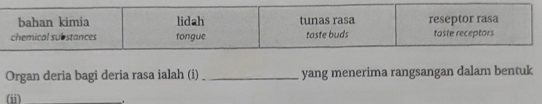 Organ deria bagi deria rasa ialah (i) _yang menerima rangsangan dalam bentuk 
(ii) .