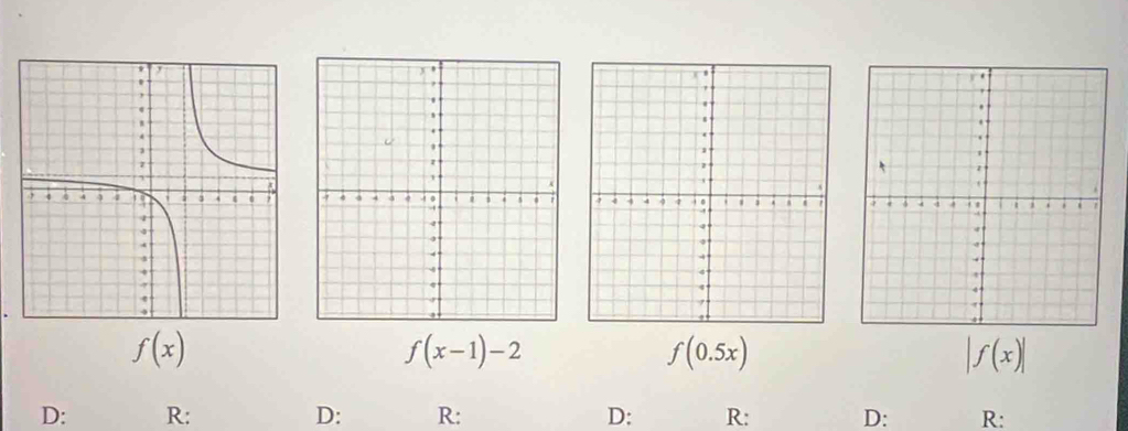 f(x)
f(x-1)-2
f(0.5x)
|f(x)|
D: R: D: R: D: R: D: R: